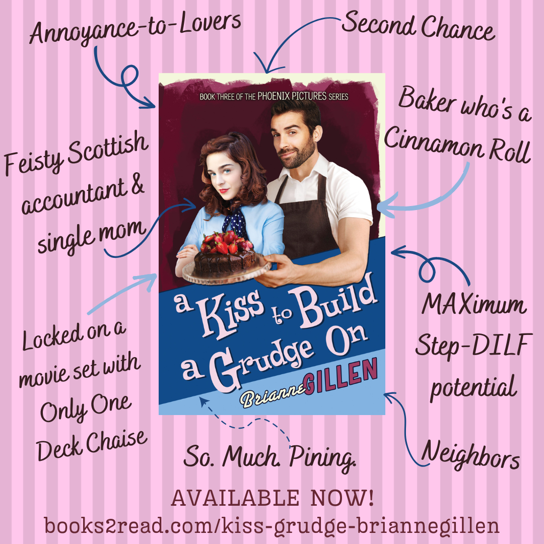 The cover of A Kiss to Build a Grudge On, in the center of a two-tone pink striped backdrop, with the caption "arriving September 13, 2023." Some tropes and features of the book surround the cover, with arrows pointing to it. Those include: Annoyance-to-Lovers; Second Chance; Baker who's a Cinnamon Roll; Feisty Scottish accountant & single mom; Max-imum Step-DILF potential; Neighbors; Locked on a movie set with Only One Deck Chaise; and So Much Pining.