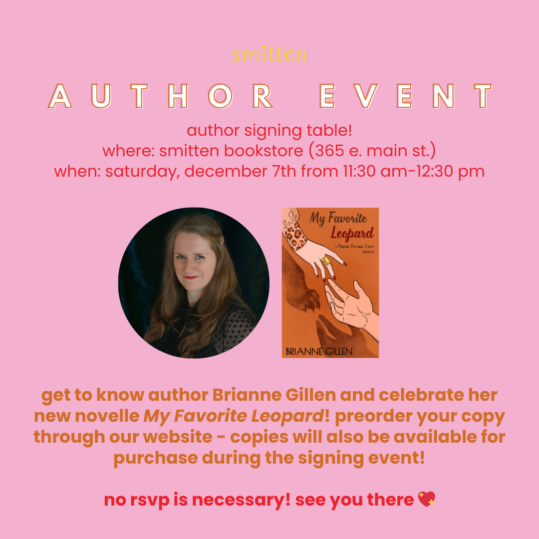 Against a pink background, a photo of me and the cover of My Favorite Leopard. Text in the graphic includes information about the Book Signing at Smitten Bookstore, all of which can be found in this listing and at the store's linked event page.